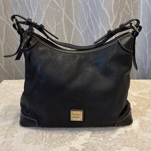 Dooney & Bourke Black Pebbled Leather Hobo Shoulder Bag with Gold Accents clean